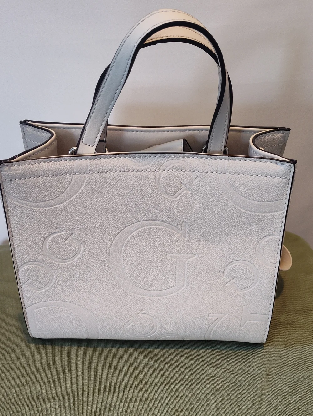 GUESS Cream Embossed Logo Satchel with Detachable Strap